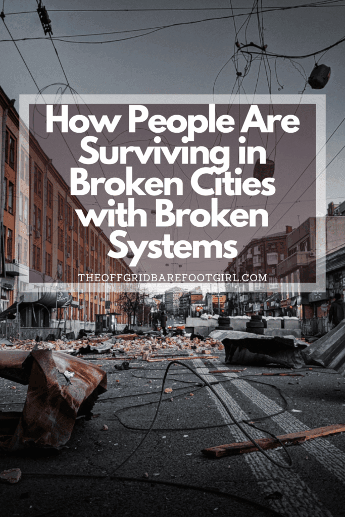 Image illustrates a Pinterest pin of a war zone city of how people are surviving.