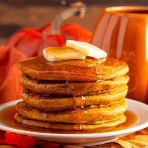 Image illustrates pumpkin spice pancakes.