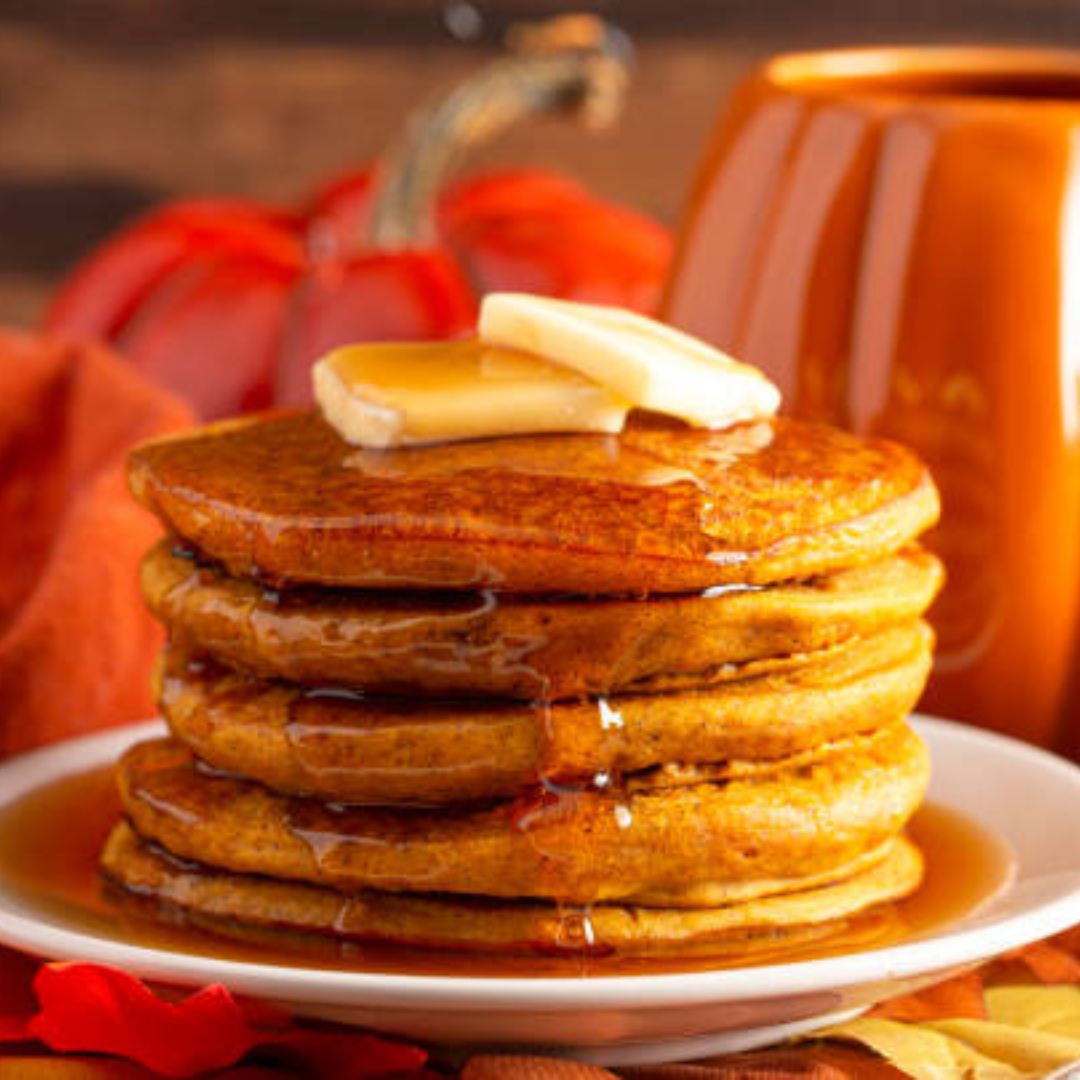 Image illustrates pumpkin spice pancakes.