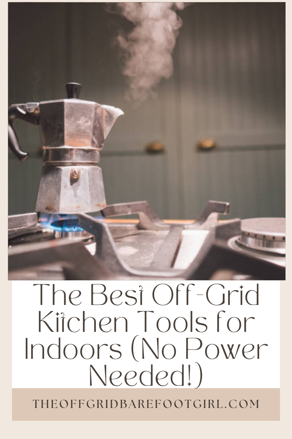 Image illustrates a Pinterest pin of an off grid kitchen.