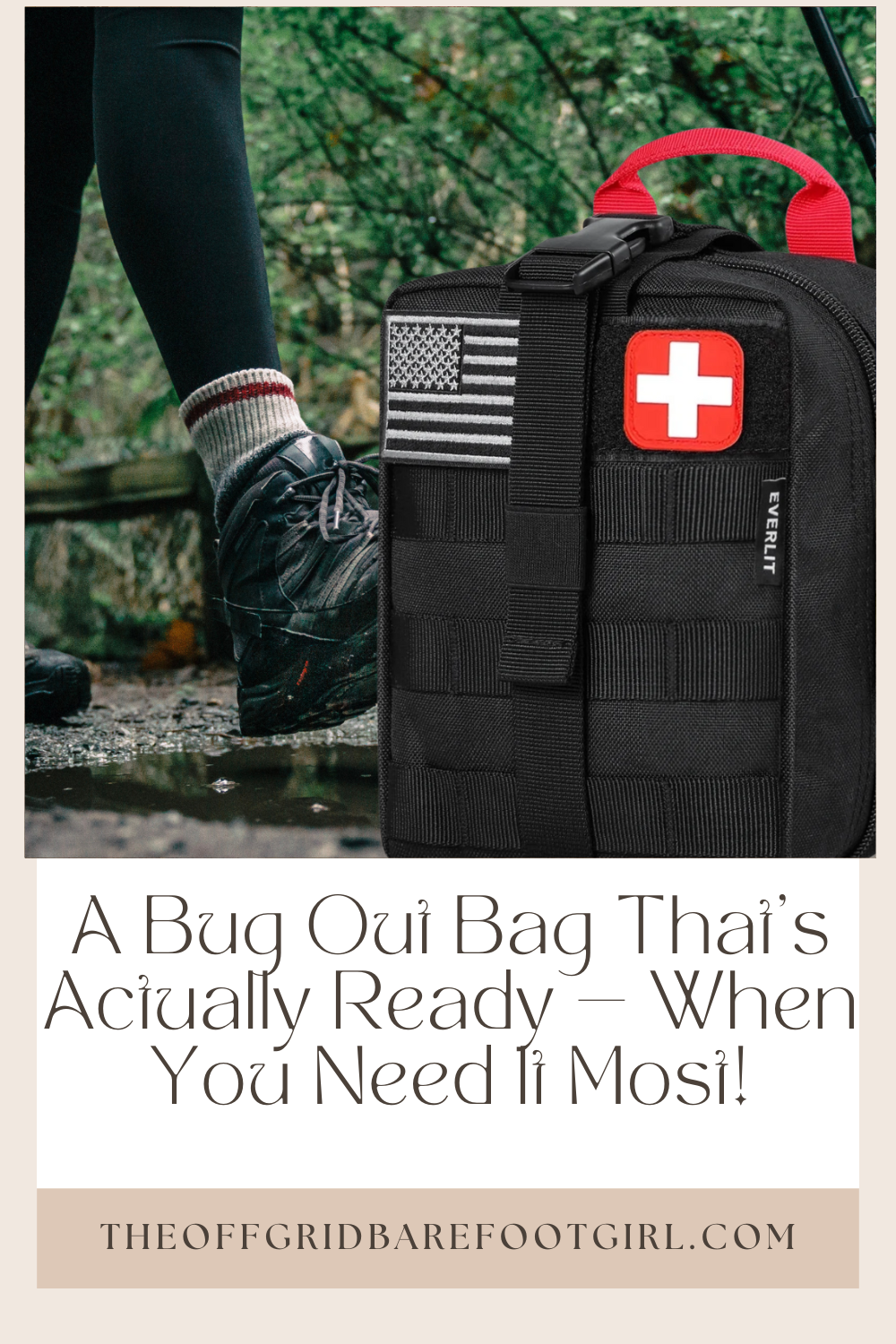 Image illustrates a Pinterest pin for a bug out bag.