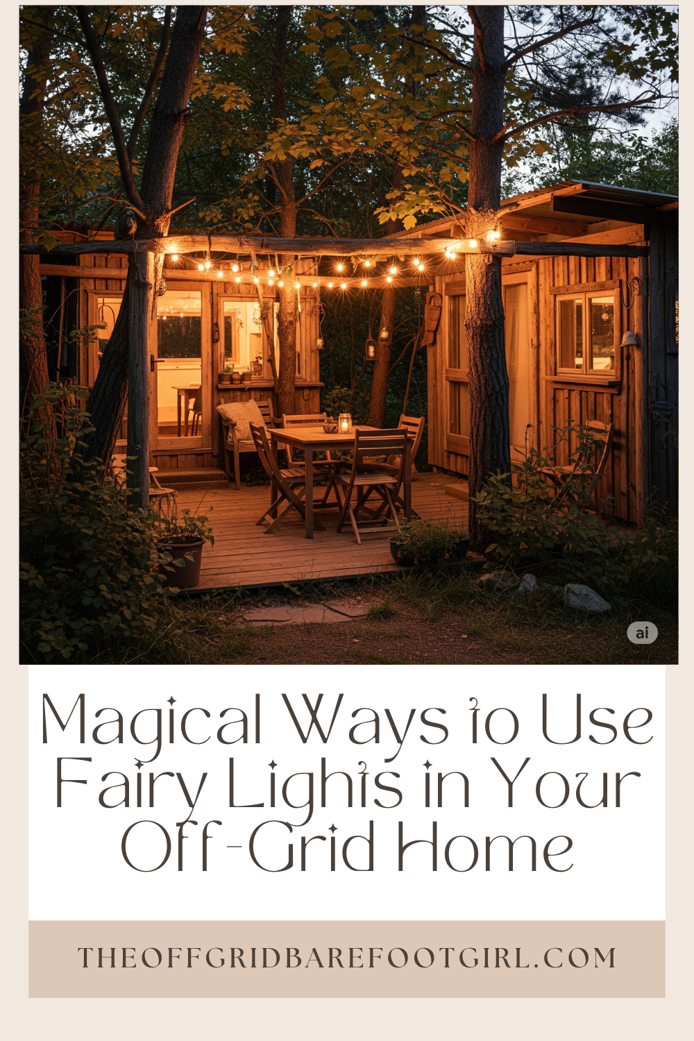 Image illustrates a Pinterest pin of using fairy lights for off-grid lighting.