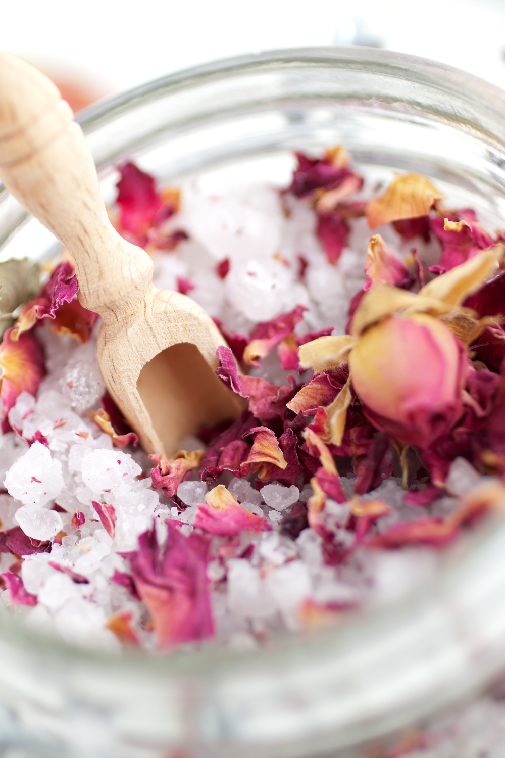 Image illustrates rose petals for rose petal bath soak.