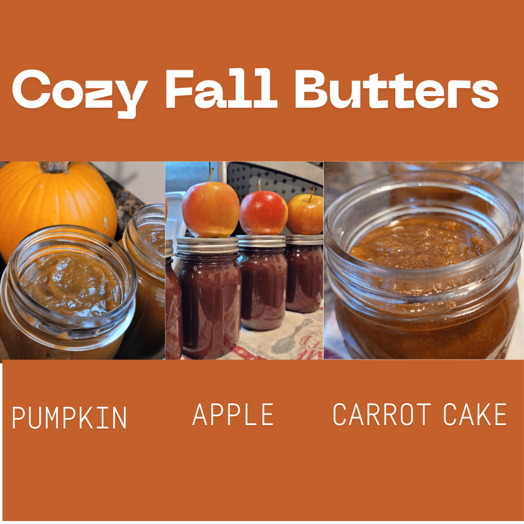 Image illustrates fall butters of pumpkin butter, apple butter, and carrot cake butter.