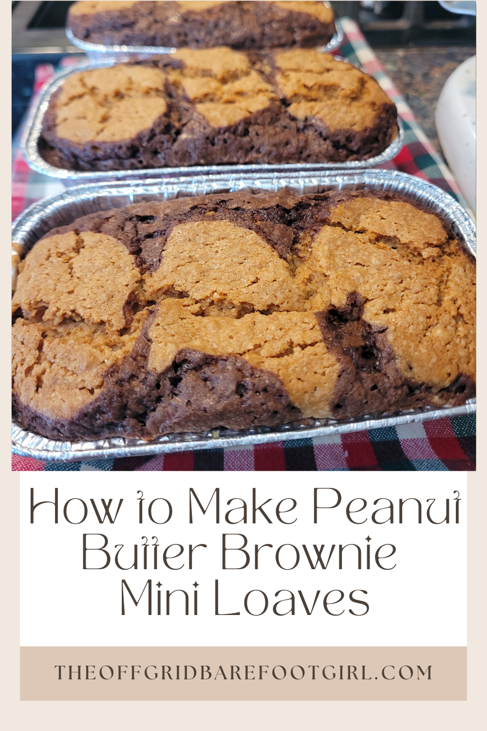 Image illustrates a Pinterest pin of peanut butter brownie mini loaves.