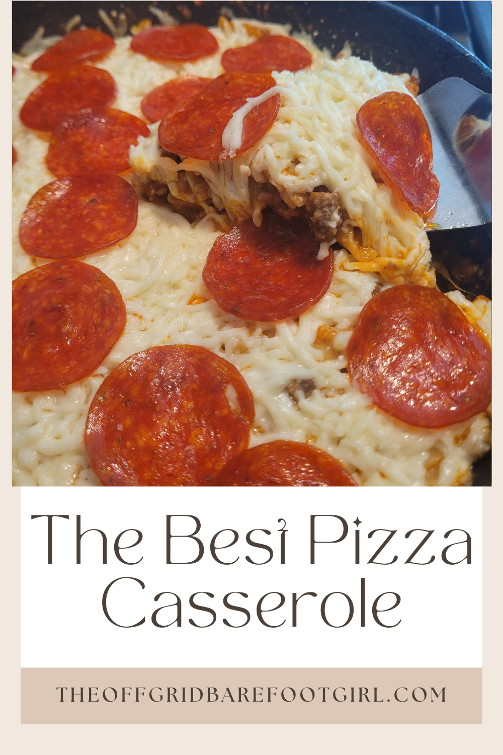 Image illustrates a Pinterest pin of pizza casserole.