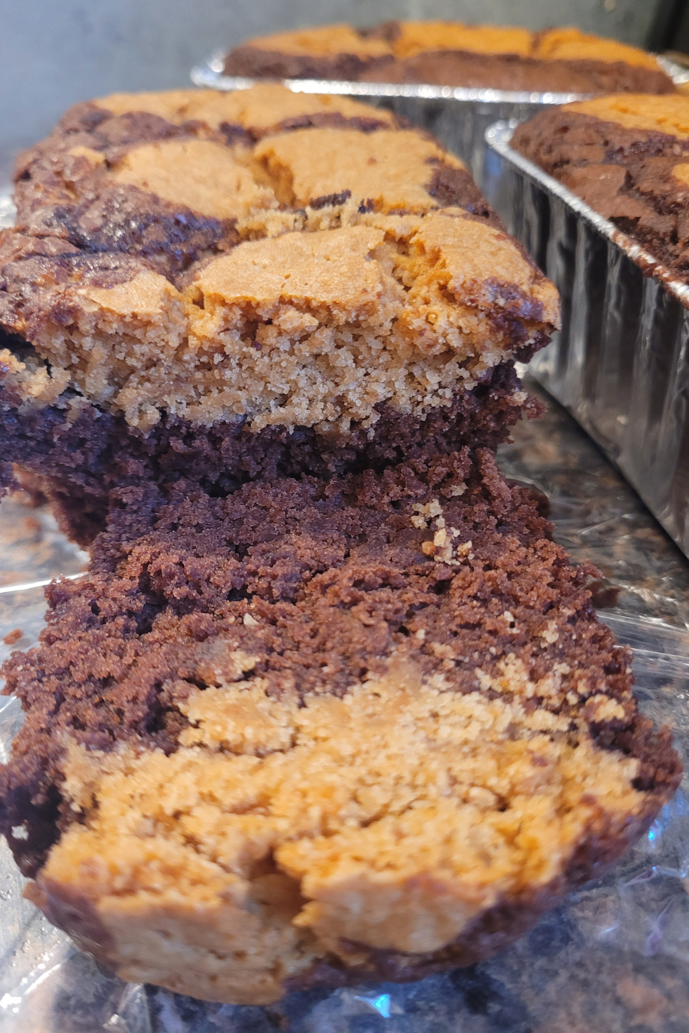 Image illustrates peanut butter brownie mini loaves.