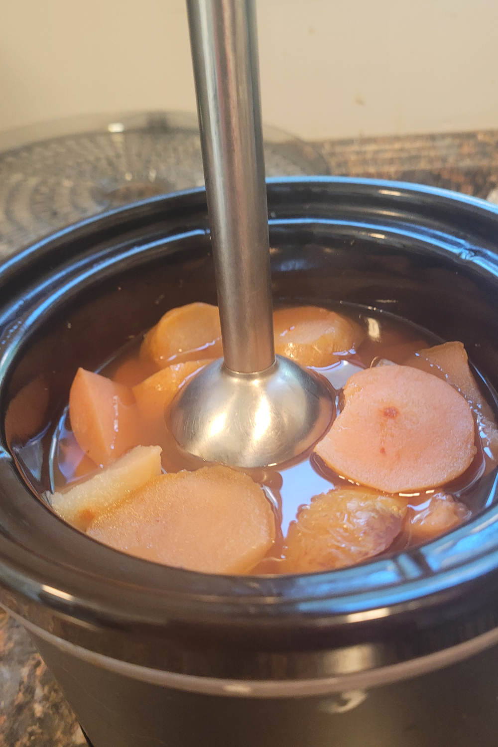 Image illustrates salted caramel pear butter.