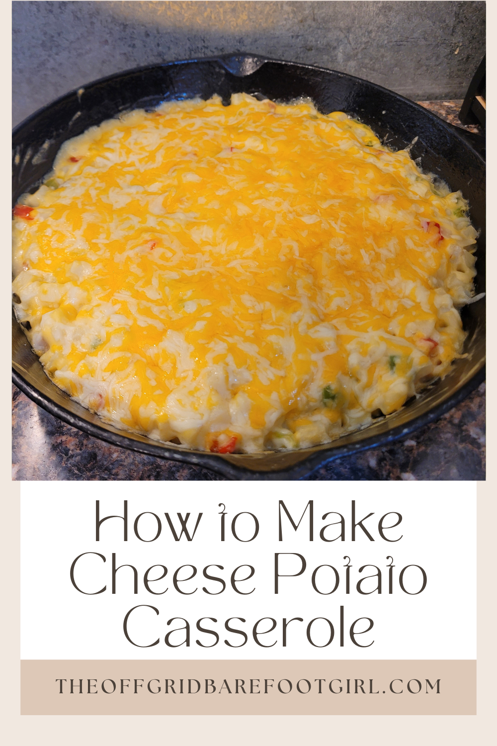 Image illustrates a Pinterest pin of cheese potato casserole in a cast-iron skillet.
