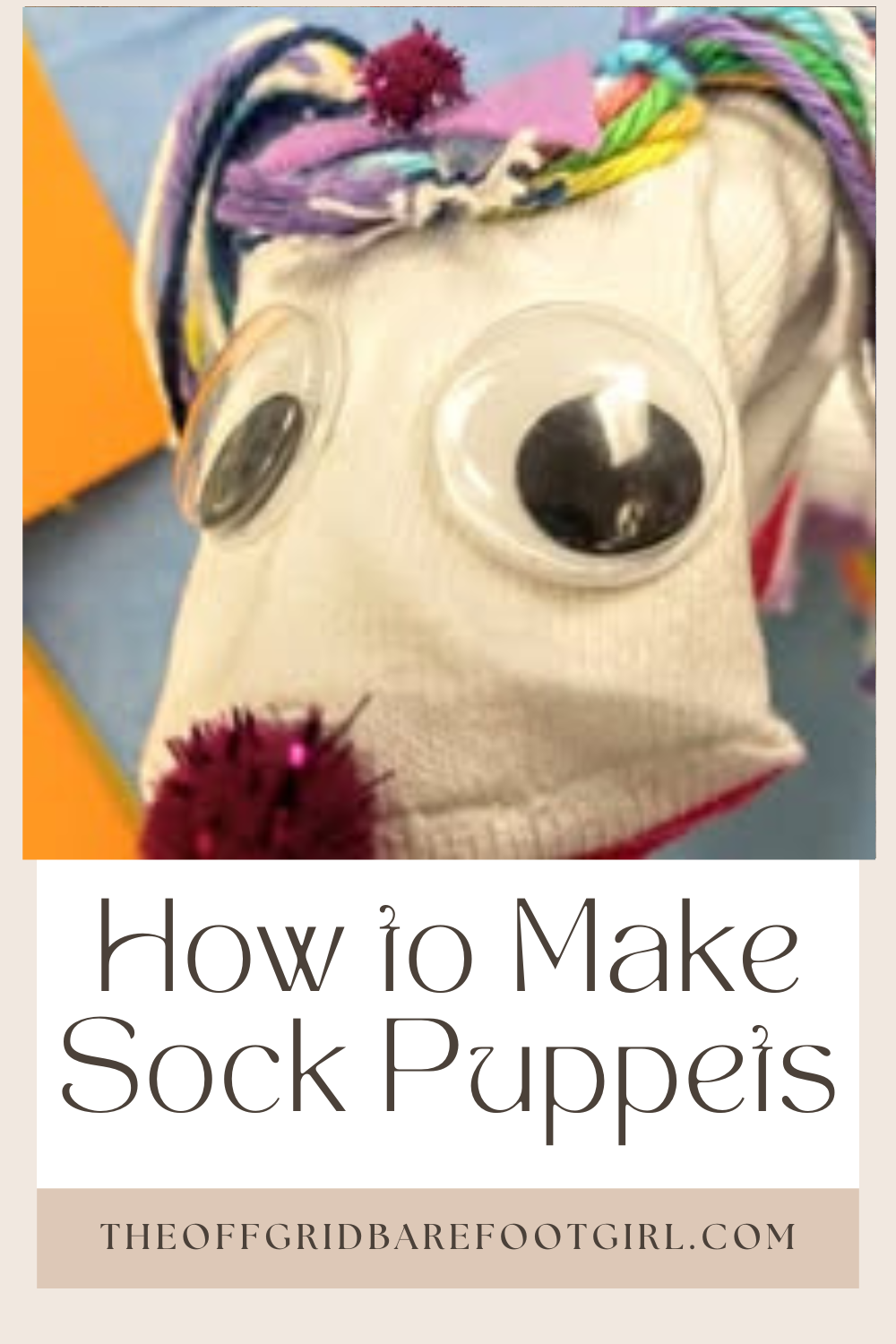 Image illustrates a Pinterest pin of how to make sock puppets.
