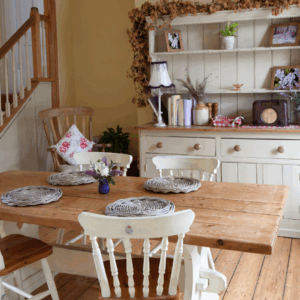 Image illustrates cottagecore aesthetic home and kitchen ideas.