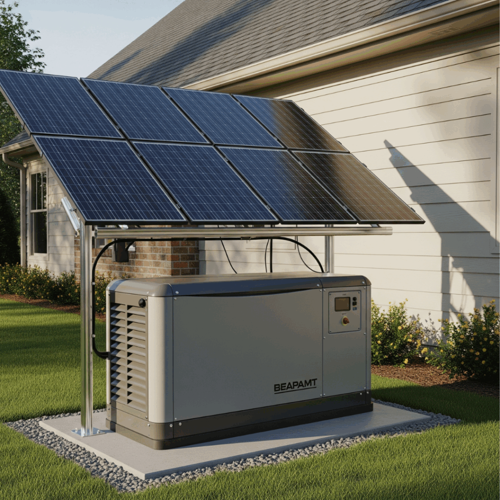Image illustrates generators with solar panels.