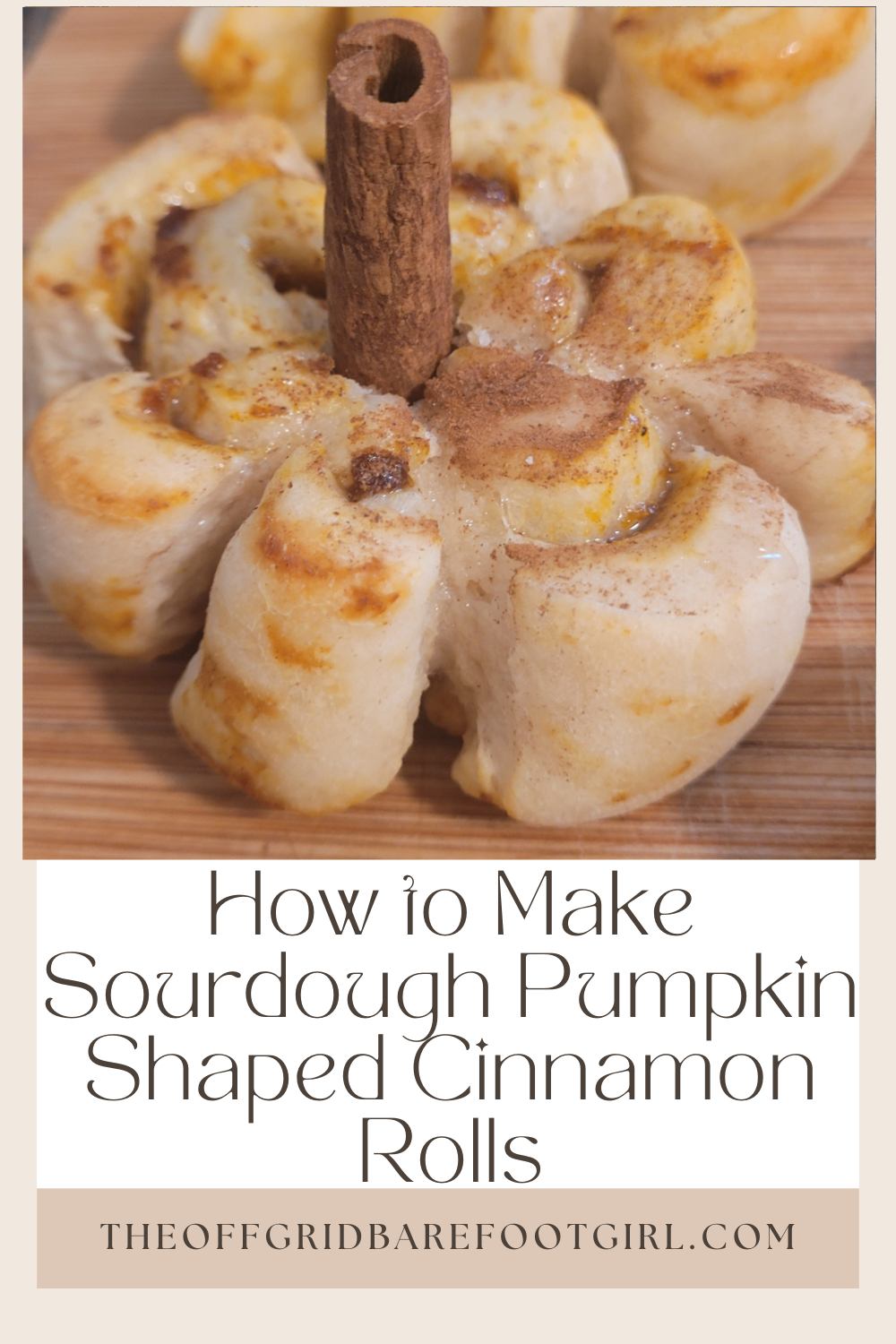 Image illustrates a Pinterest pin of sourdough pumpkin shaped cinnamon rolls.