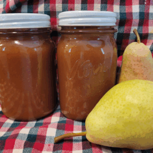 Image illustrates salted caramel pear butter.