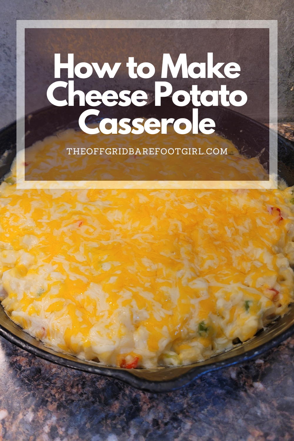 Image illustrates a Pinterest pin of cheese potato casserole in a cast-iron skillet.