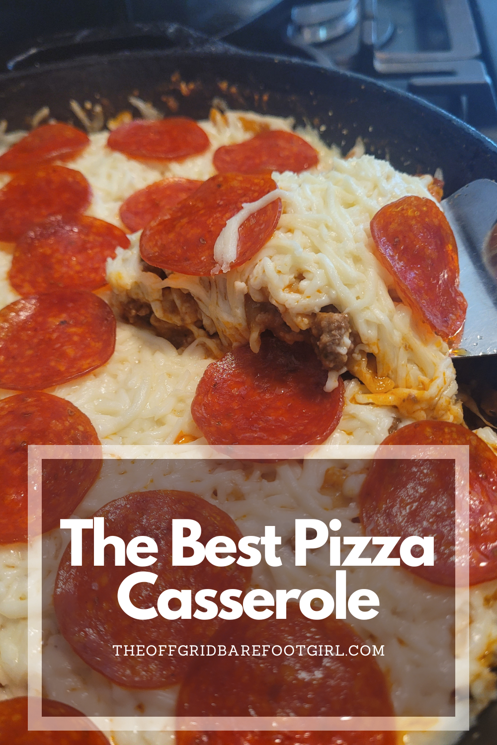 Image illustrates a Pinterest pin of pizza casserole.