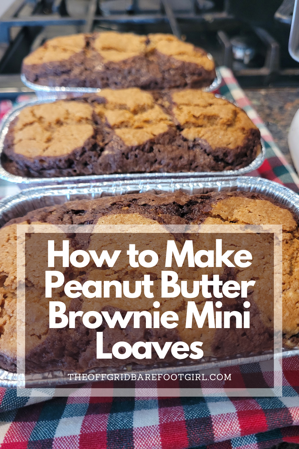 Image illustrates a Pinterest pin of peanut butter brownie mini loaves.