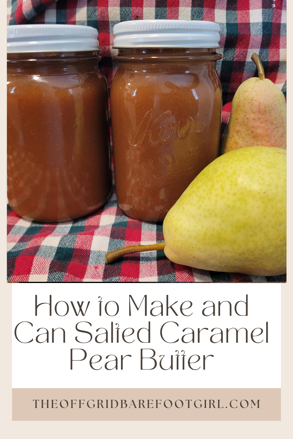 Image illustrates a Pinterest pin of salted caramel pear butter.