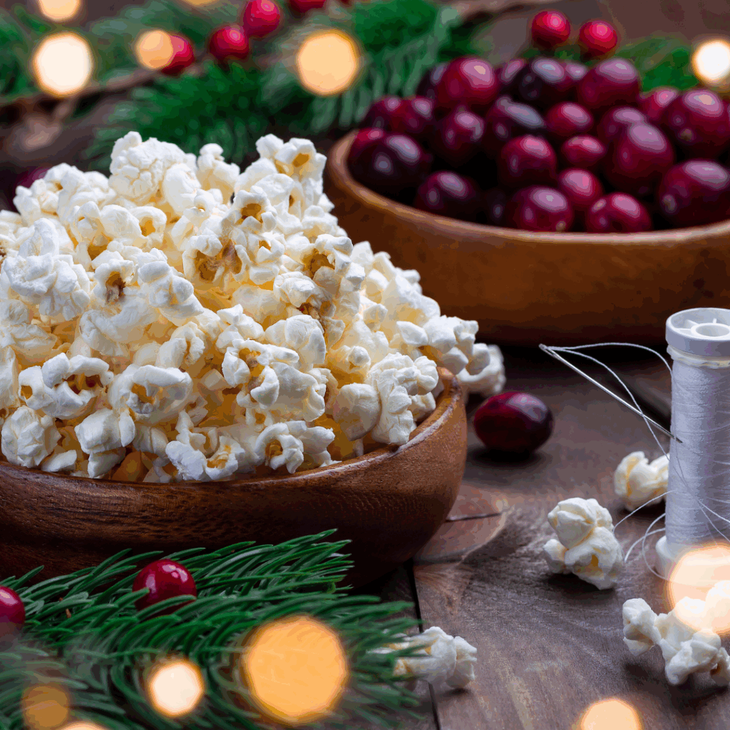 Image illustrates popcorn garland for natural holiday decor.