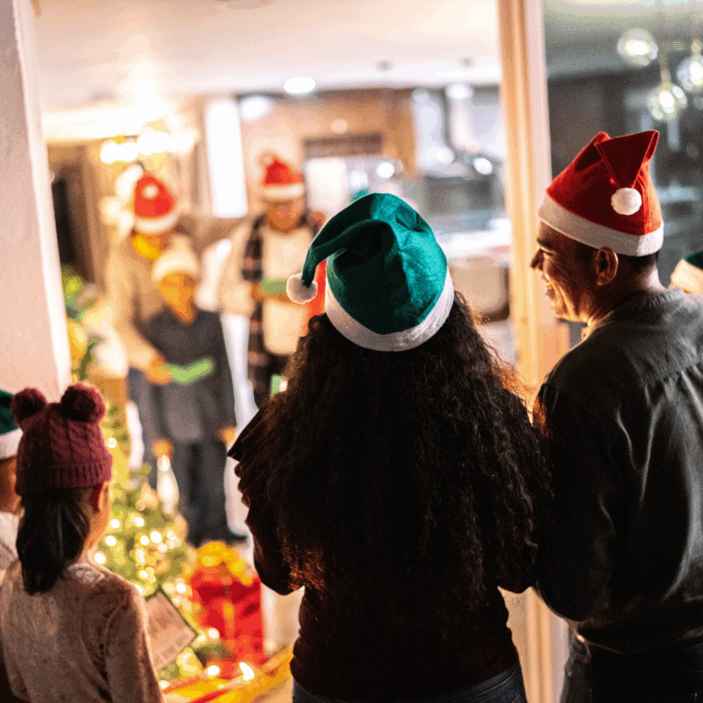 Image illustrates carolers for old-fashioned holiday traditions.