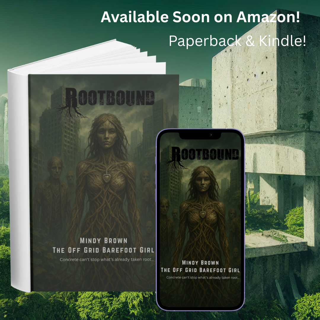 Image illustrates Rootbound psychological thriller book by The Off Grid Barefoot Girl.