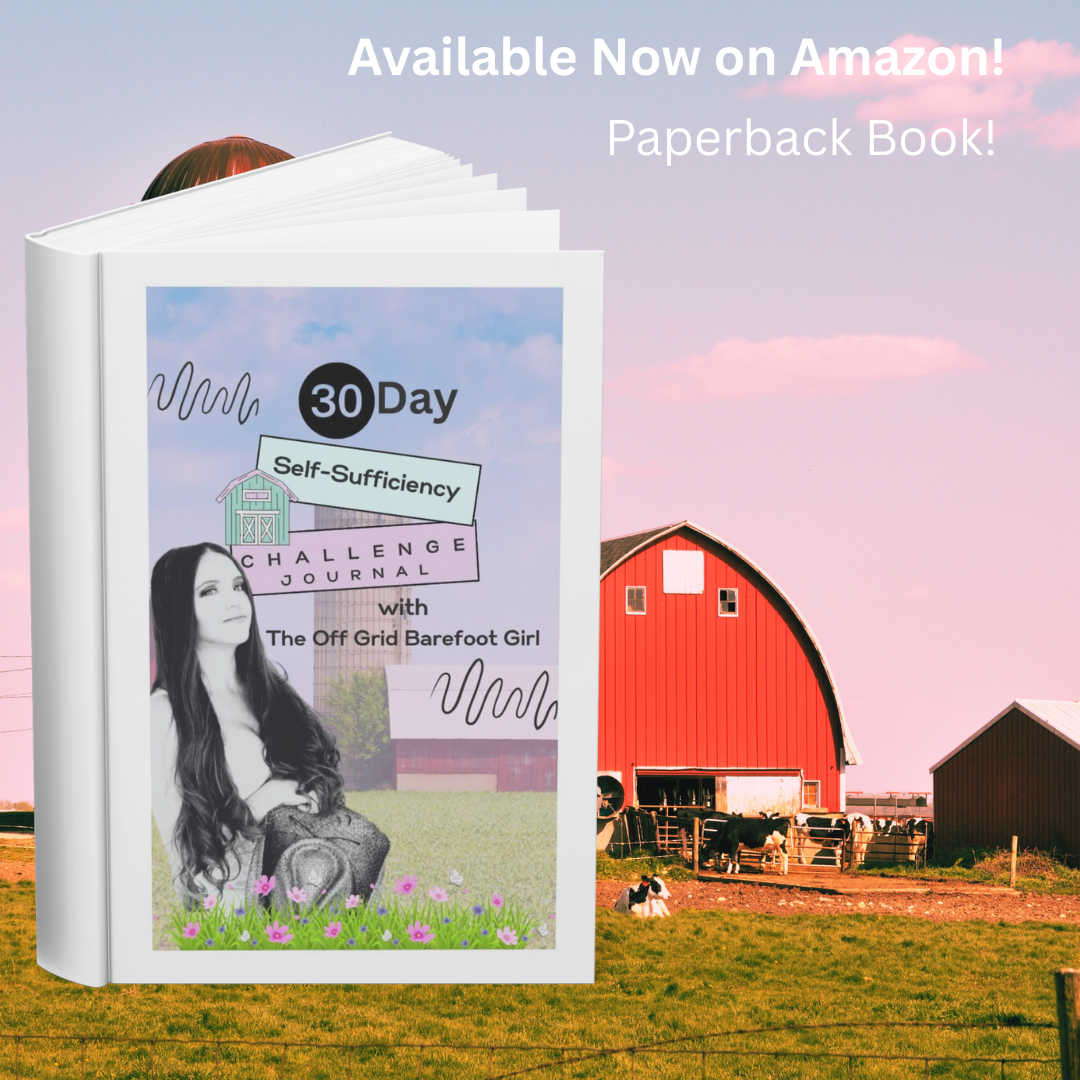 Image illustrates the 30 Day Self Sufficiency Challenge Journal with The Off Grid Barefoot Girl.