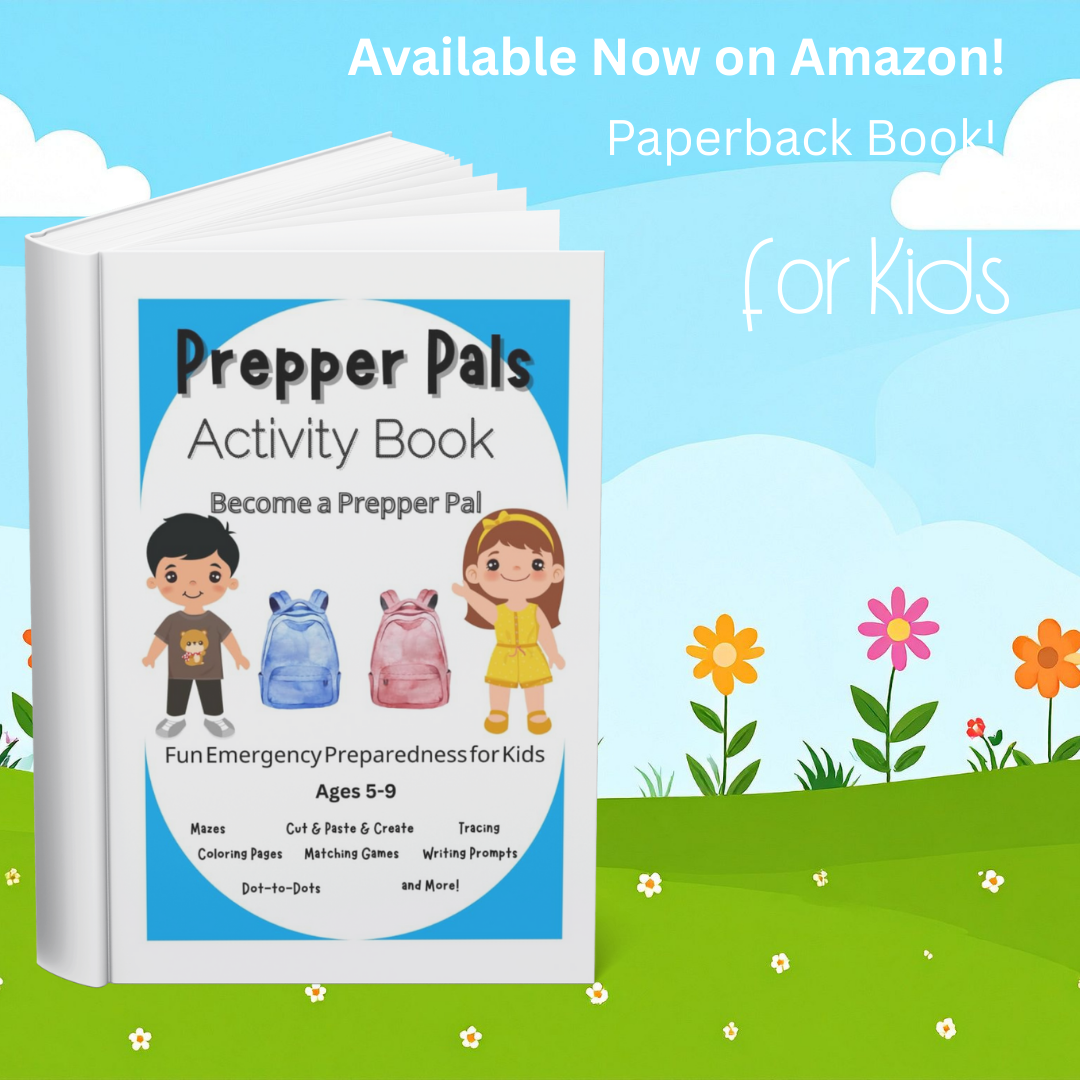 Image illustrates Prepper Pals activity book for kids by The Off Grid Barefoot Girl.