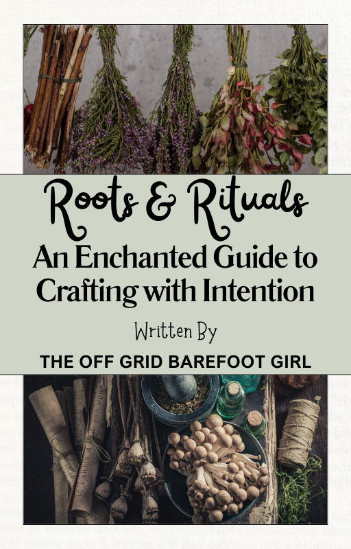 Image illustrates a book of how to use herbs Roots and Rituals by The Off Grid Barefoot Girl.