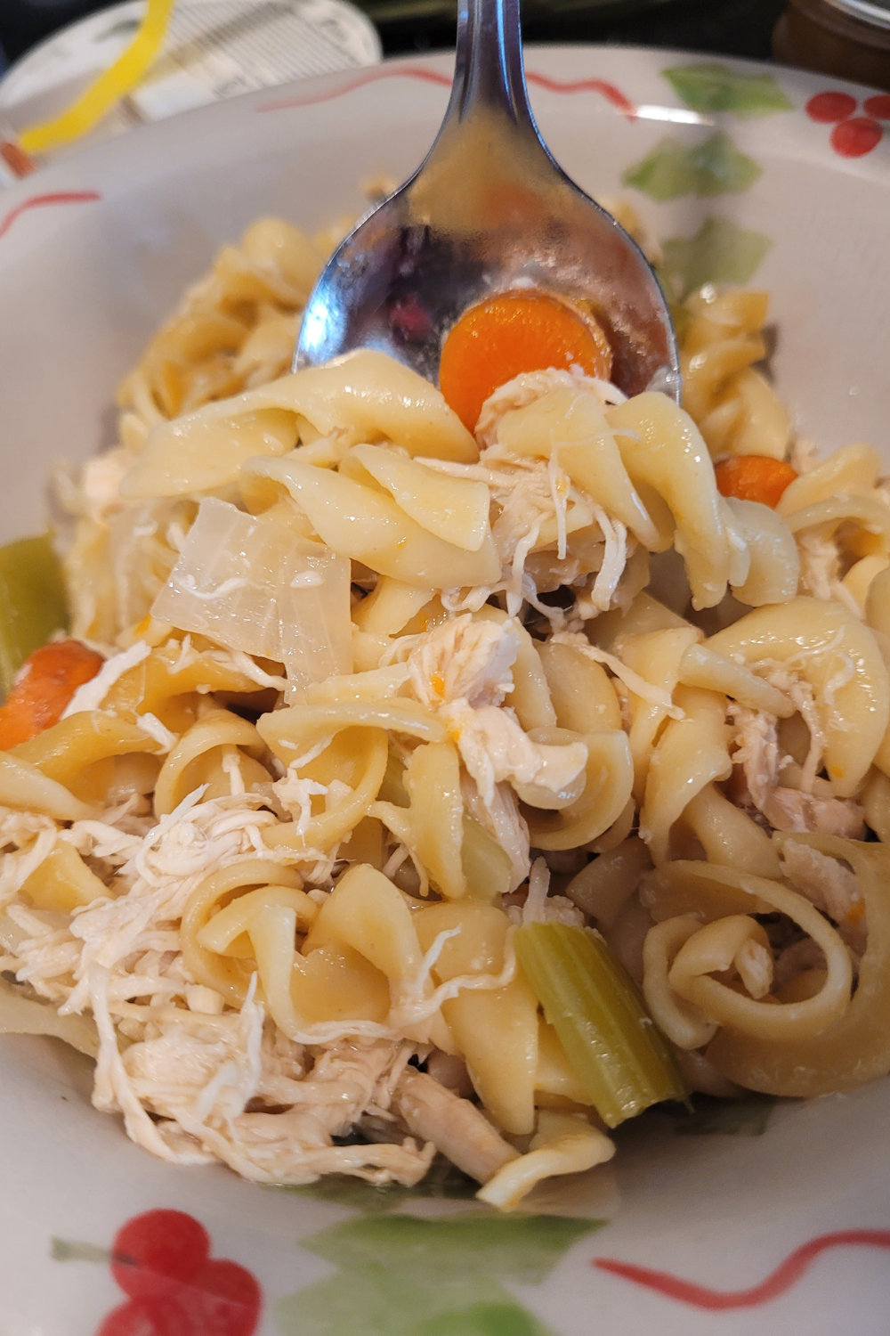 Image illustrates homemade chicken soup.