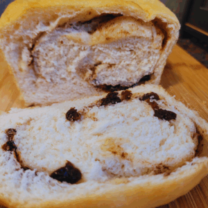 Image illustrates homemade cinnamon raisin bread.