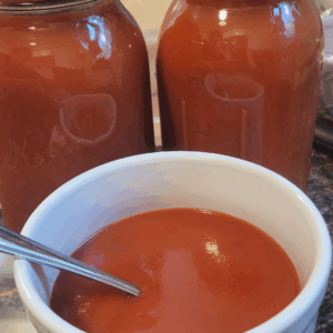 Image illustrates homemade tomato soup.