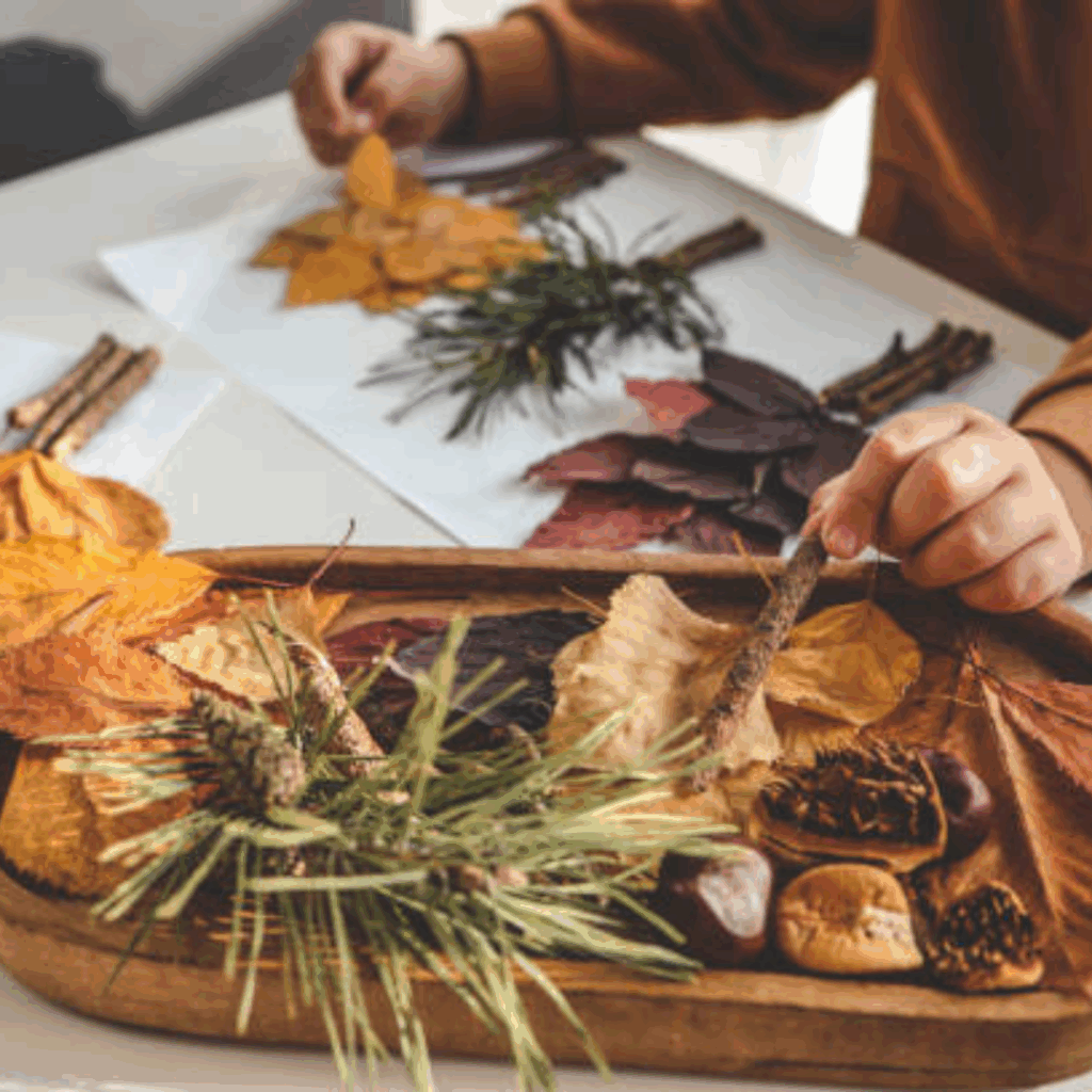 Image illustrates nature crafts for kids.