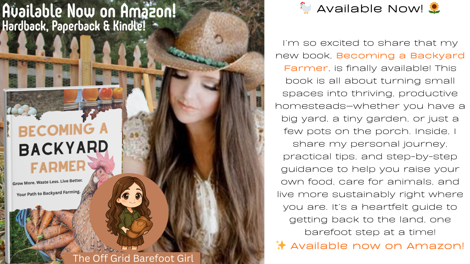 Image illustrates a book Becoming a Backyard Farmer by The Off Grid Barefoot Girl.