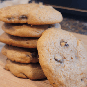 Image illustrates sourdough pumpkin chocolate chip cookies.