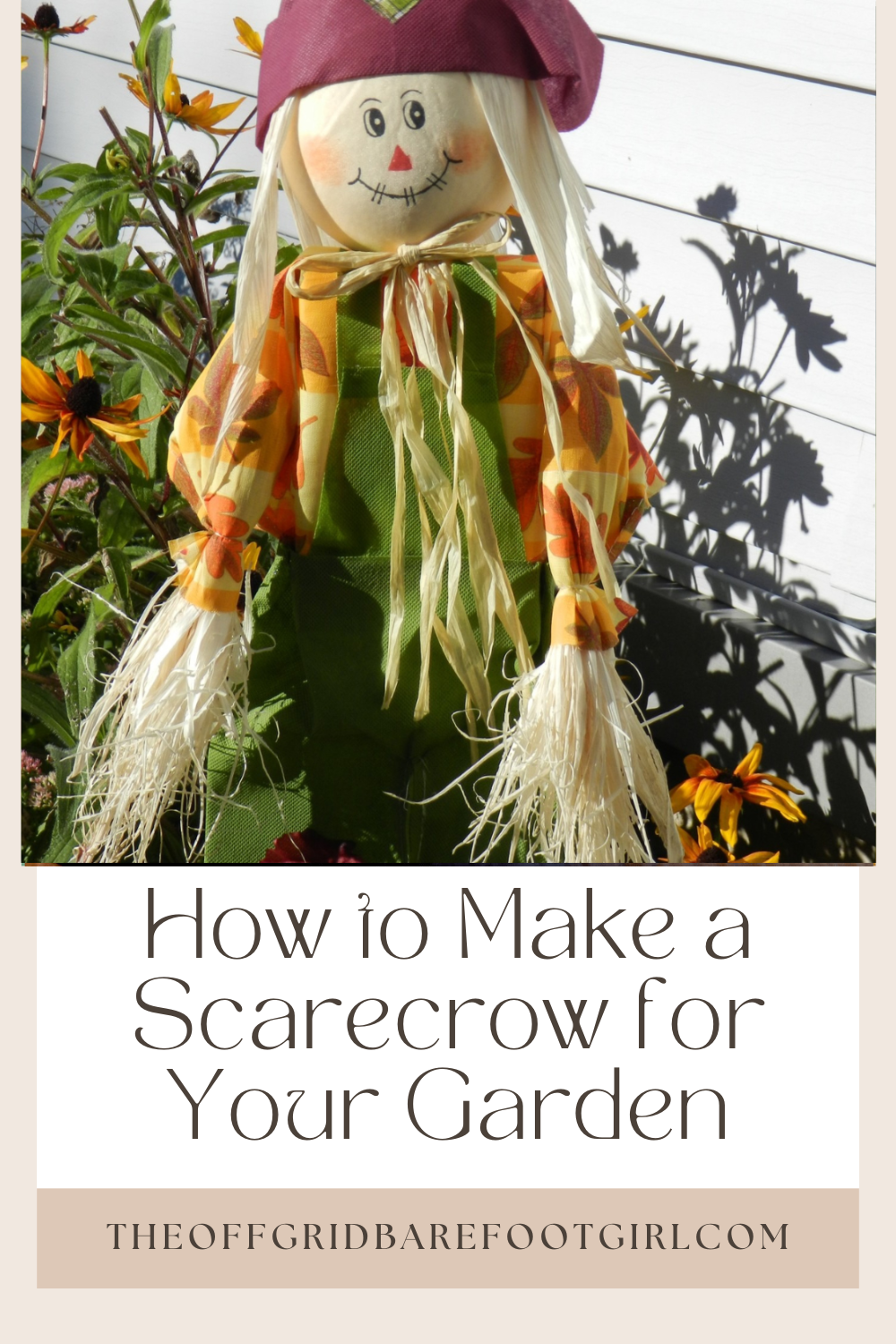 Image illustrates a Pinterest pin of how to make a scarecrow.
