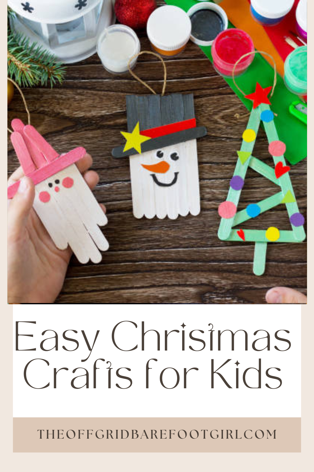 Image illustrates a Pinterest pin of easy Christmas crafts for kids.