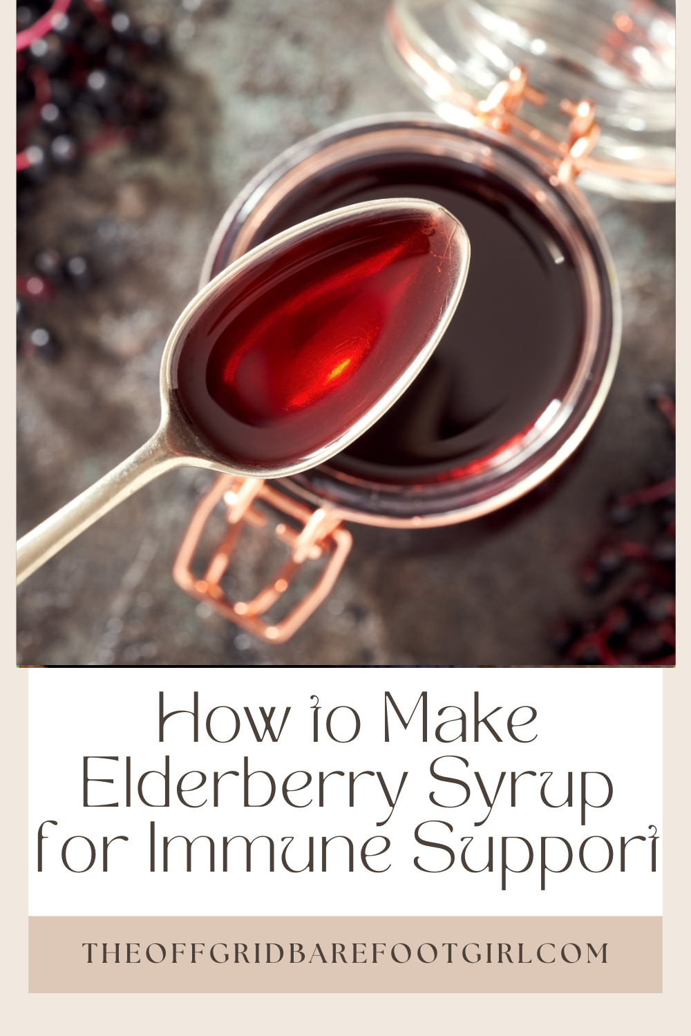 Image illustrates a Pinterest pin of elderberry syrup.