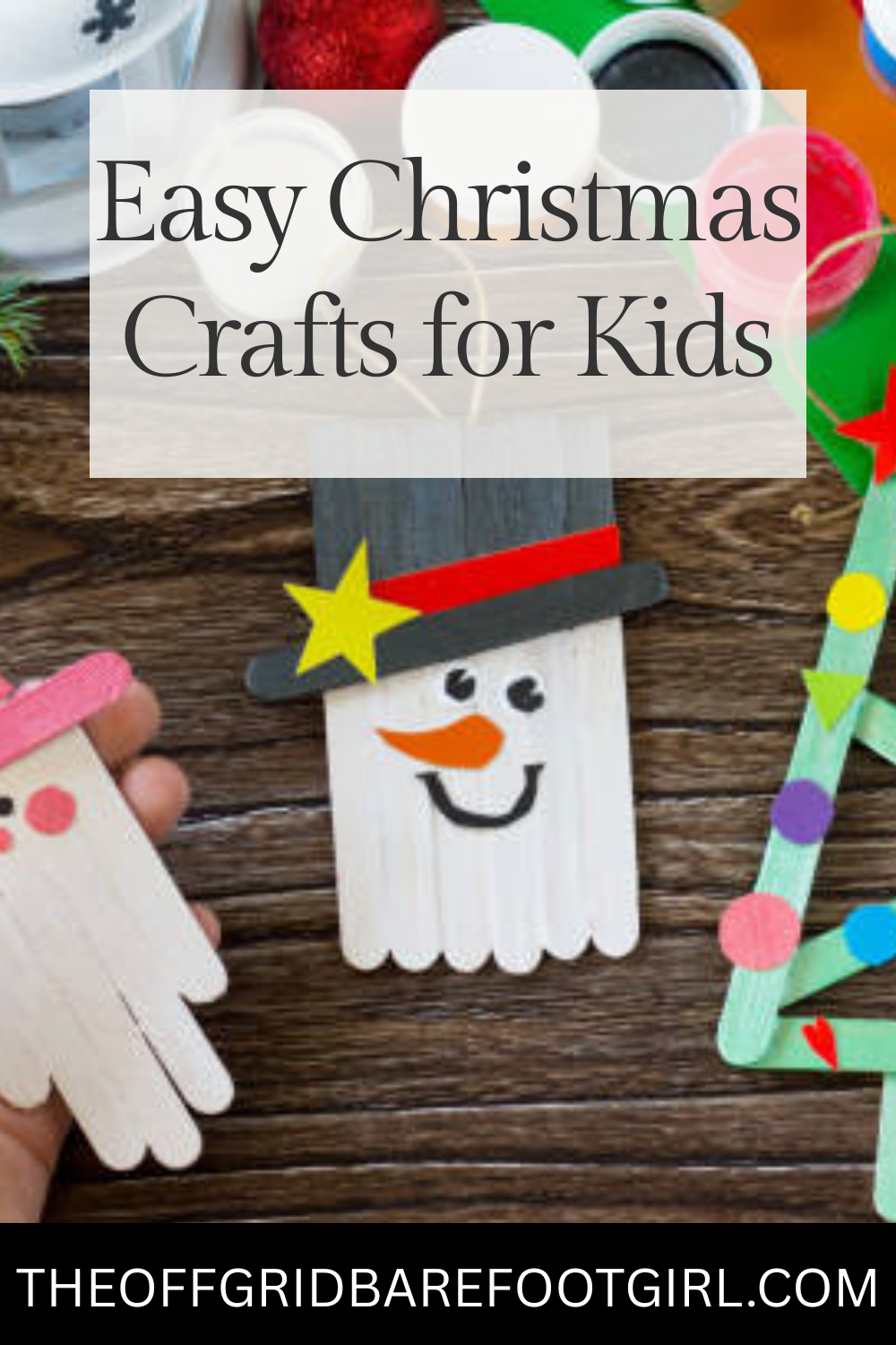 Image illustrates a Pinterest pin of easy Christmas crafts for kids.