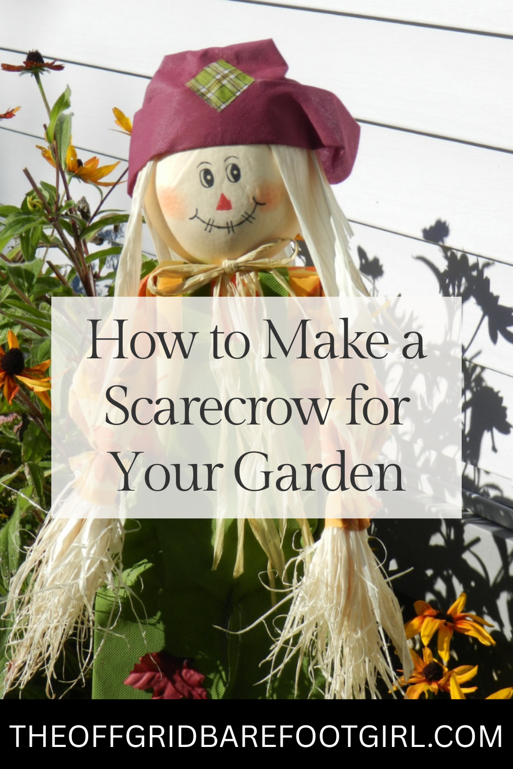 Image illustrates a Pinterest pin of how to make a scarecrow.