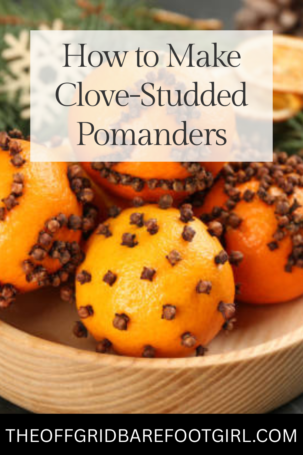 Image illustrates a Pinterest pin of how to make clove-studded pomanders.