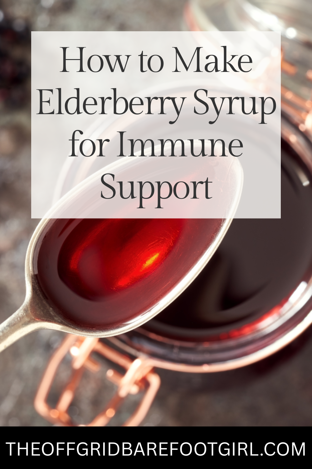 Image illustrates a Pinterest pin of elderberry syrup.