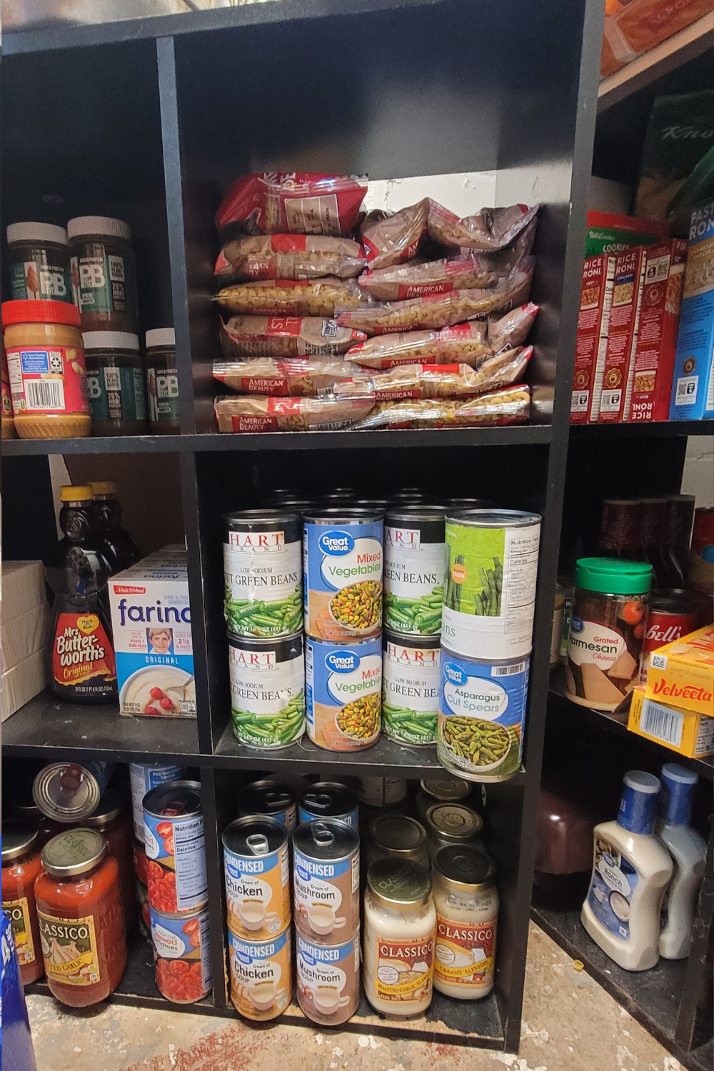 Image illustrates a stocked pantry for how to feed your family.
