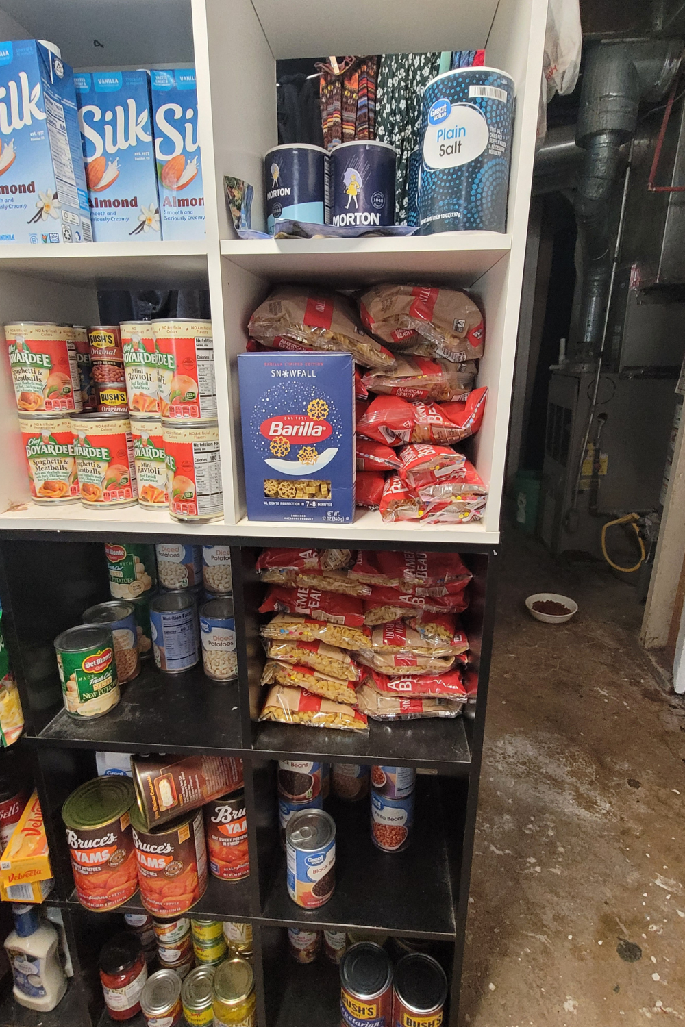 Image illustrates a stocked pantry for how to feed your family.