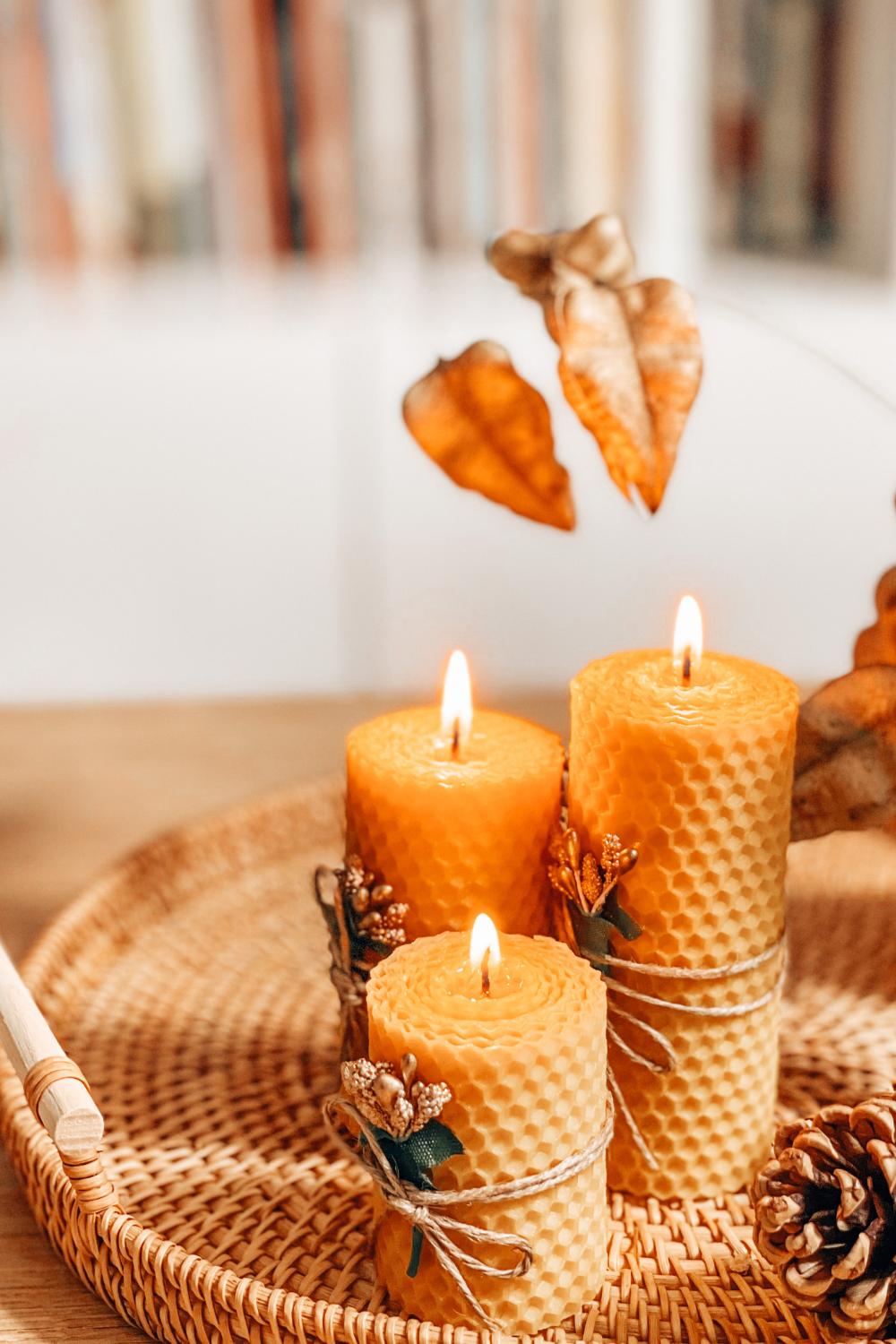 Image illustrates beeswax candles for handmade Christmas gifts.