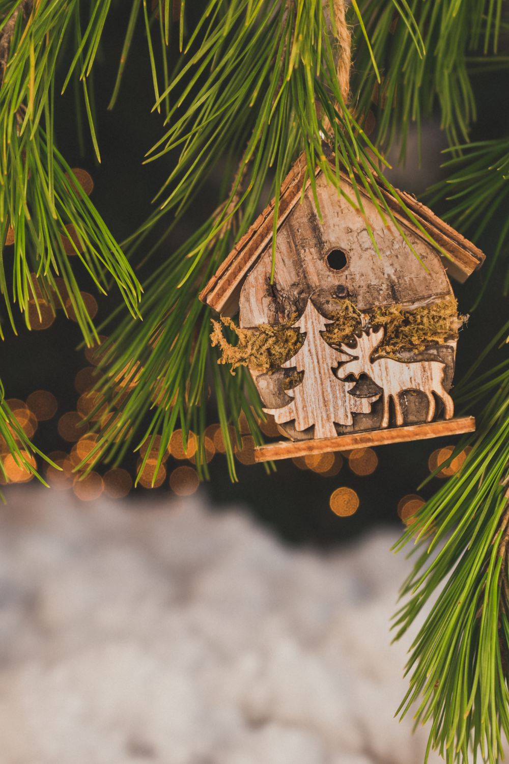Image illustrates rustic wooden tree ornaments for Christmas vintage decor.