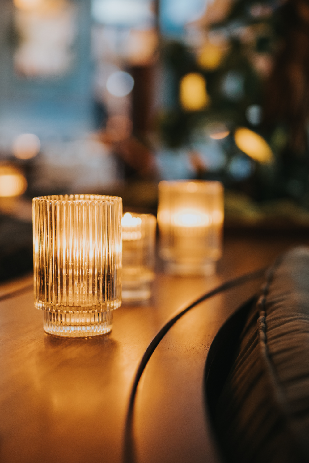 Image illustrates LED mercury glass candle holders for Christmas vintage decor.