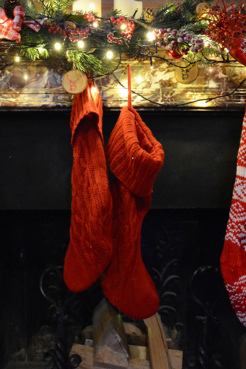 Image illustrates antique-inspired Christmas stockings for Christmas vintage decor.