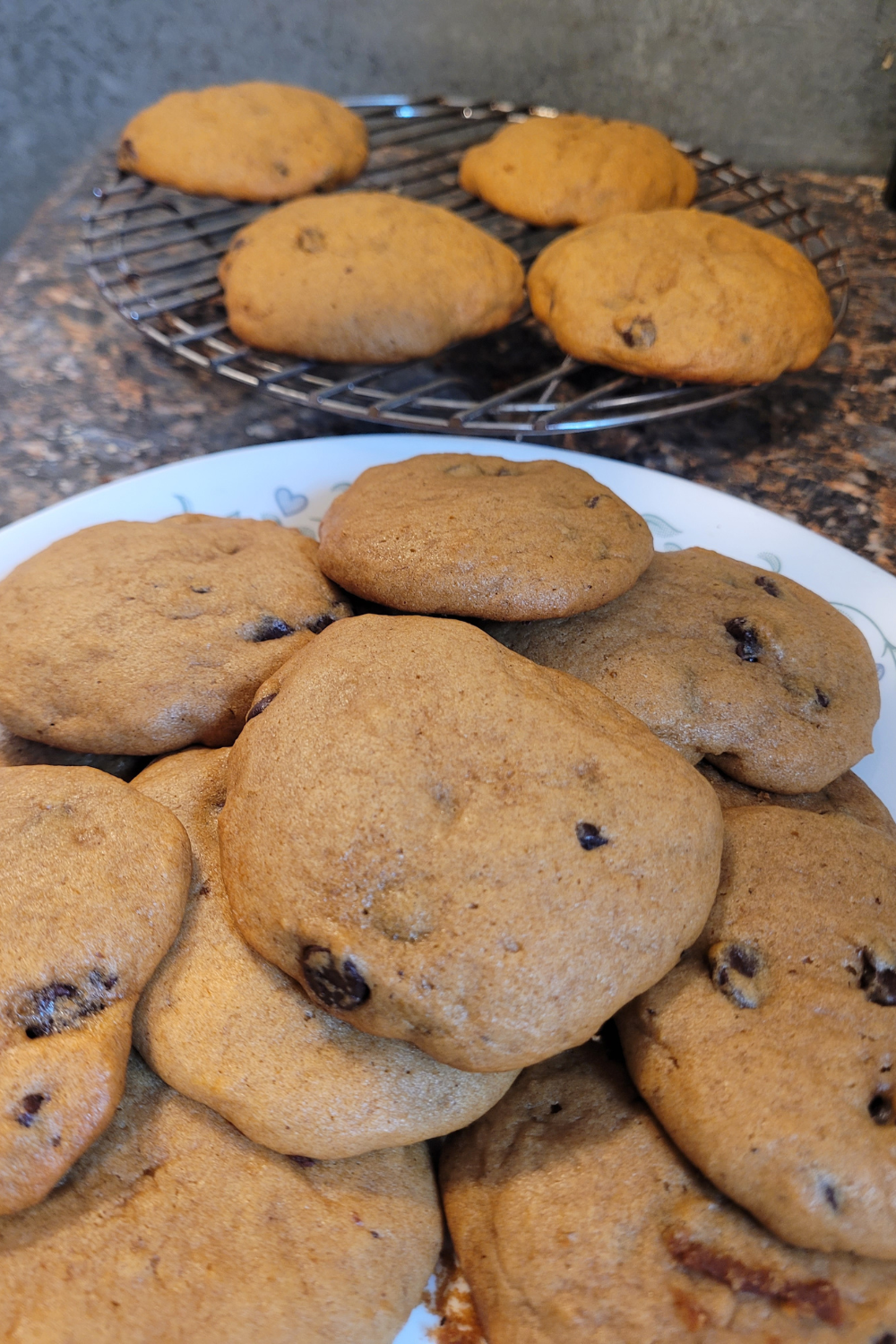 Image illustrates sourdough pumpkin chocolate chip cookies.