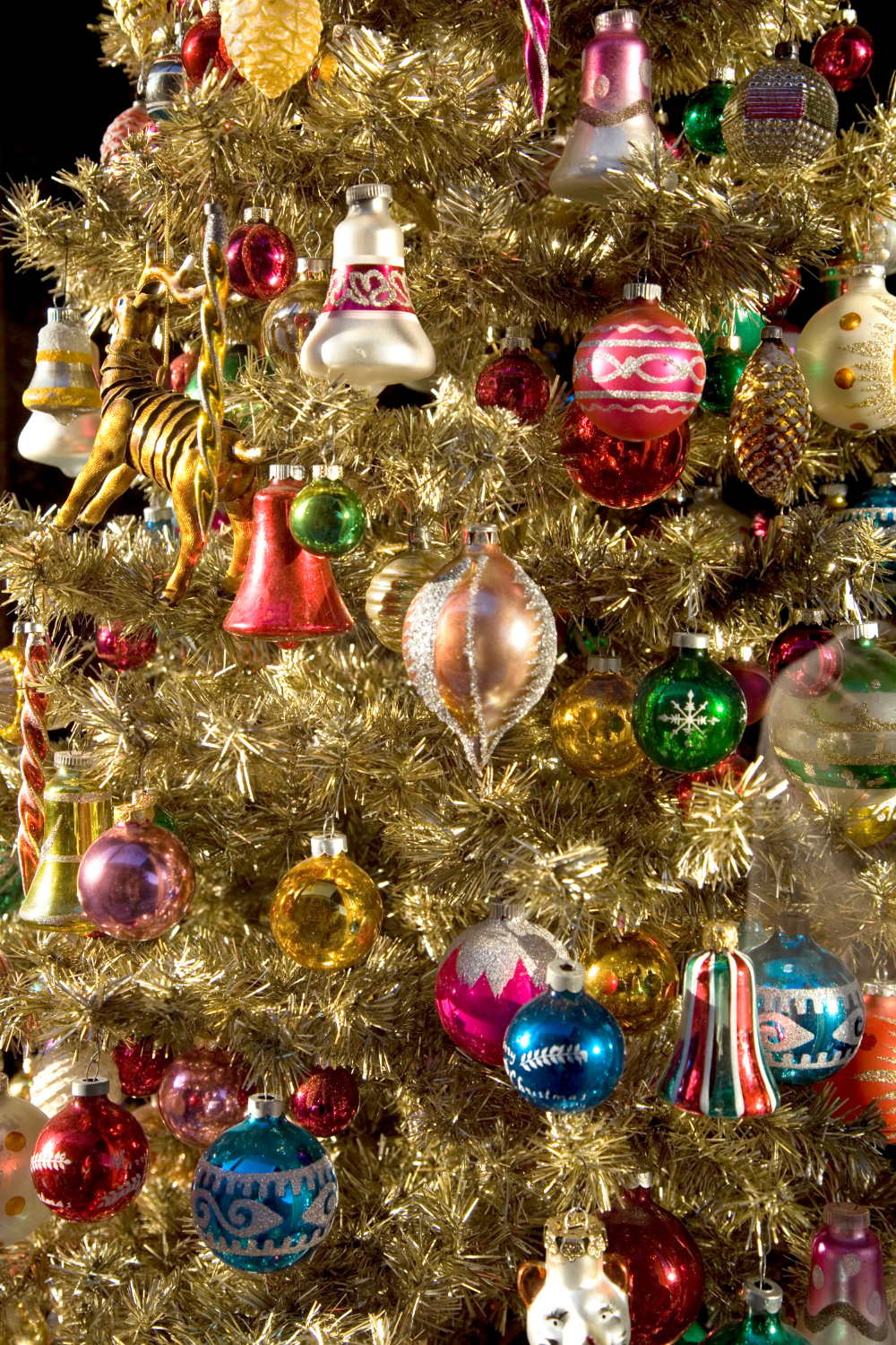 Image illustrates shiny bright glass ornaments for Christmas vintage decor.