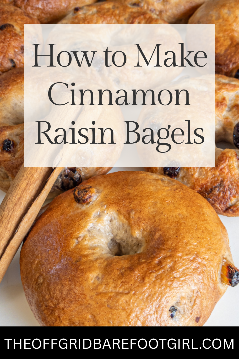 Image illustrates a Pinterest pin of cinnamon raisin bagels.